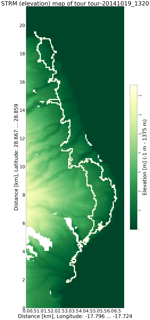 Geographic map using the STRM data with my route, created with https://github.com/ronnyerrmann/cycle_logging