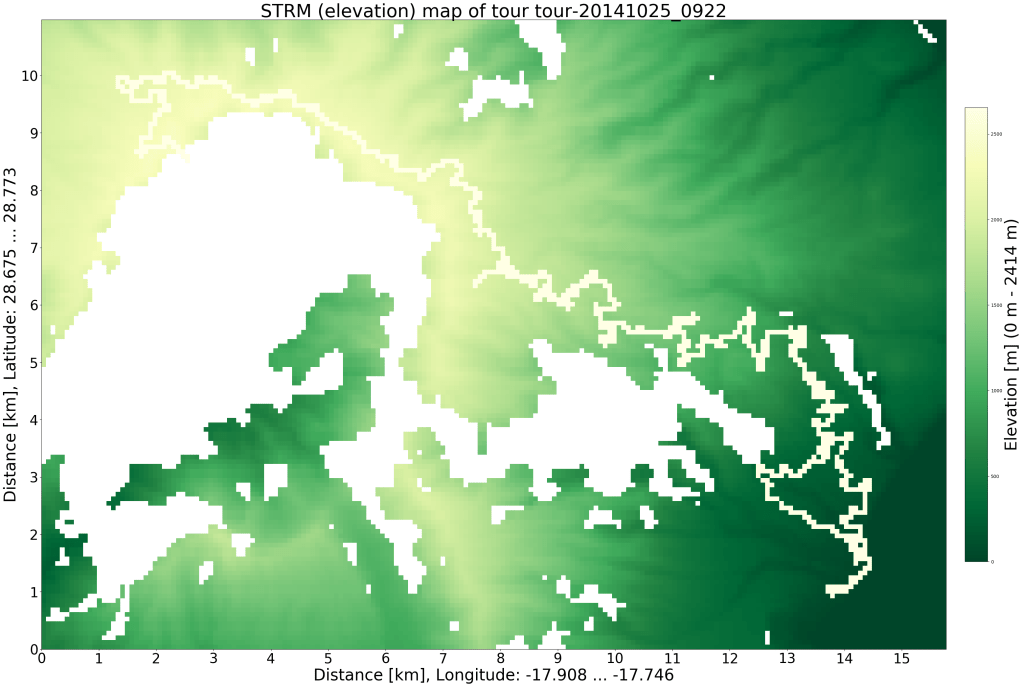 Geographic map using the STRM data with my route, created with https://github.com/ronnyerrmann/cycle_logging. The white patches are areas where the landscape is so steep that no reasonable elevation information is available.