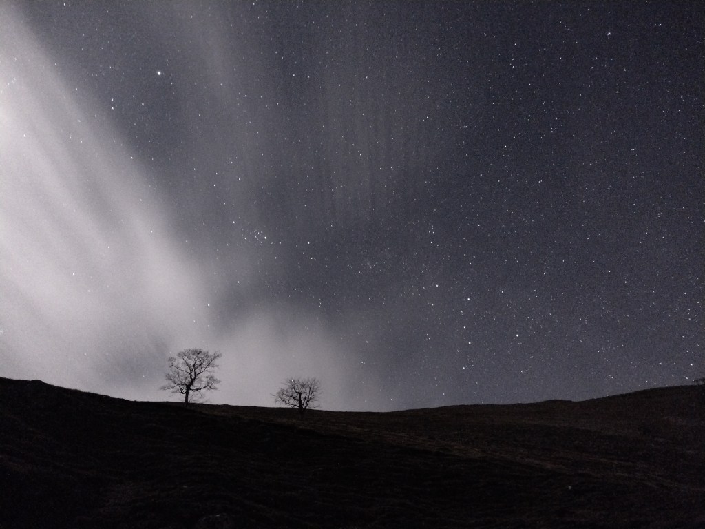 The first clouds of a large cloud area, illuminated by a thin crescent moon, complement the composition of the starry sky over a quarry with bare trees